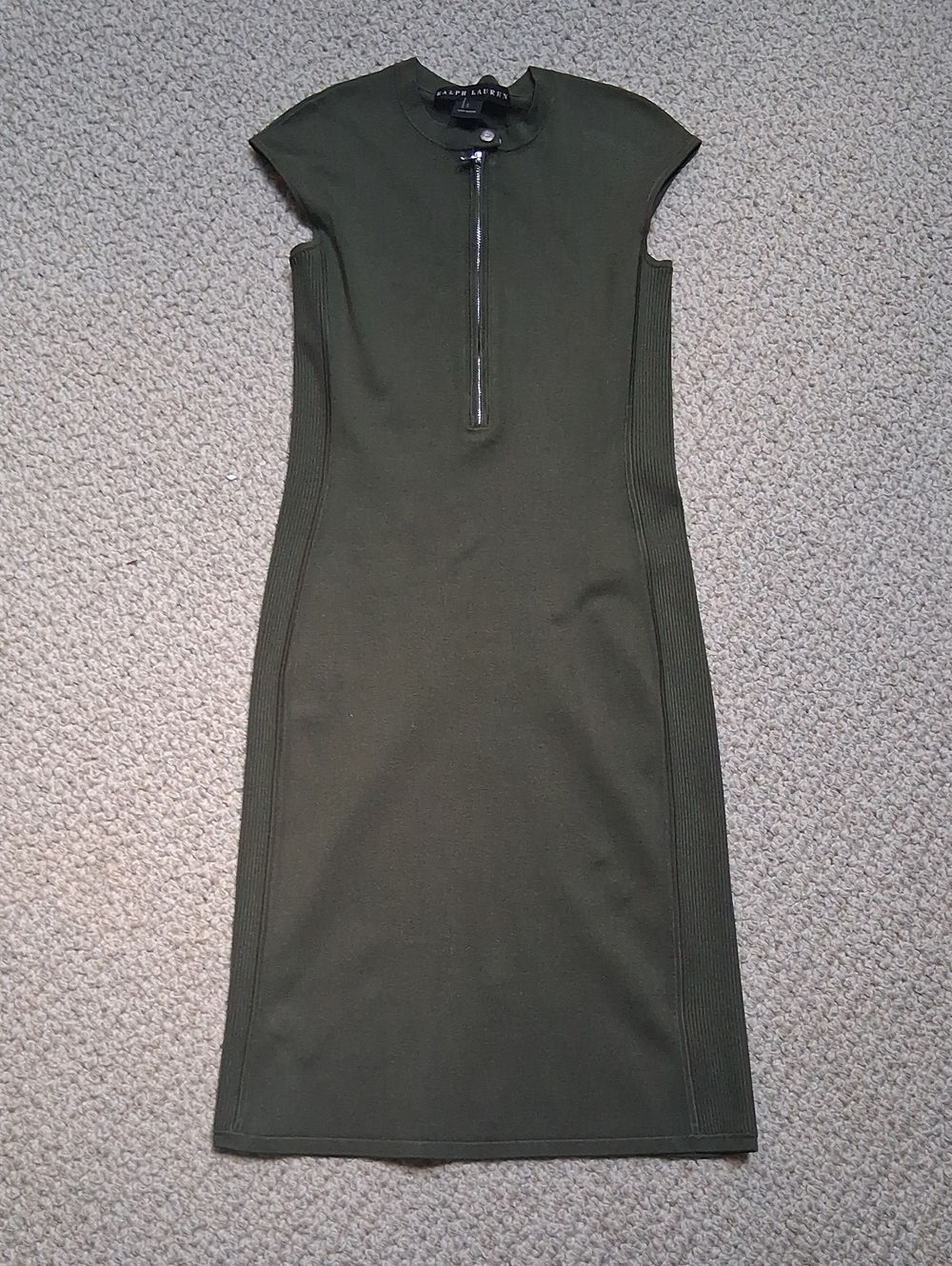 Ralph Lauren Olive Rib-Knit Zip Midi Dress